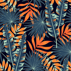 Fototapeta na wymiar Colorful tropical seamless pattern with plants and leaves on a dark background. Exotic design for fabric, paper, cover, interior decor and other users. Hand draw texture. Vector template.