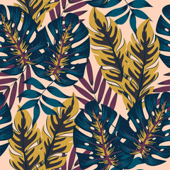 Abstract seamless pattern with tropical plants on a beige background. Floral seamless vector tropical pattern background with exotic leaves, jungle leaf. Hand draw texture. Vector template.