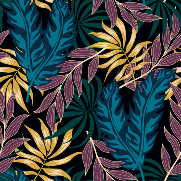 Colorful seamless pattern with tropical plants on a dark background. Exotic design for fabric, paper, cover, interior decor and other users. Vector background for various surface. Jungle leaves. © Jen