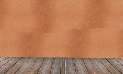 wood floor background  and  orange color wall