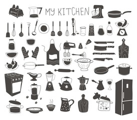 Lets Cook - Kitchen silhouette doodle vector icon set.