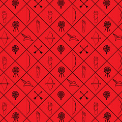 seamless pattern of archery equipments like bow and arrow, arrow, bow, quiver, cap and targets. beautiful designs. red background.