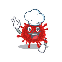 Cute buldecovirus cartoon character wearing white chef hat