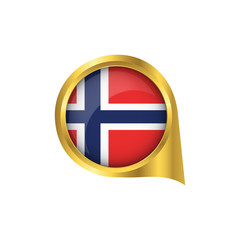 Obraz premium Flag of Norway, location map pin, pointer flag Norway, button gold, Icon country . Vector Illustration EPS10.