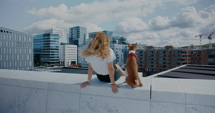 Young woman and pet brown dog sit on edge of rooftop. Girl and best friend animal look over on empty city on sunny summer day. Social isolation concept. Peace and tranquility in middle of megapolis