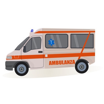 Italian car, van for medical assistance isolated on white background.  AMBULANZA in Roma, Italy. Stock vector illustration.