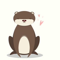 vector cute flat otter with small pink hearts. Funny childlike animal illustration.