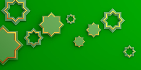 Gold arabic geometric star ornament on green background. Design creative concept of islamic celebration day ramadan kareem or eid al fitr adha, copy space text area, 3D rendering illustration.
