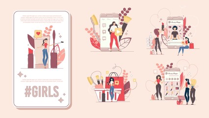 Beauty and Fashion Blogger, Cosmetology Course, Makeup Specialist Vertical Banner, Poster Constructor for Mobile Device. Women Blogger Recommending Products to Audience Trendy Flat Vector Illustration