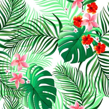 Trendy vector pattern in tropical style. Seamless botanical print for textile, print, fabric.Summer background. Jungle illustration