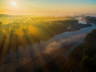 Aerial view of the morning mist on the Drava River
