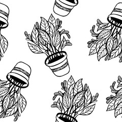 Seamless pattern houseplant in a flowerpot. Dense foliage.