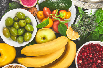 Healthy food background, trendy Alkaline diet products.