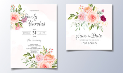 Fototapeta na wymiar Beautiful wedding invitation card template set with colorful floral frame