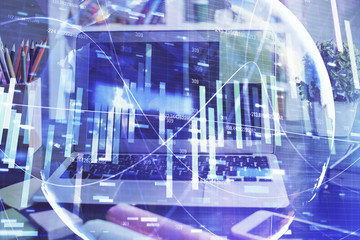 Double exposure of business theme icons and work space with computer background. Concept of success.