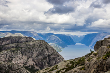 Preikestolen viewpoint in the mountains of Norway