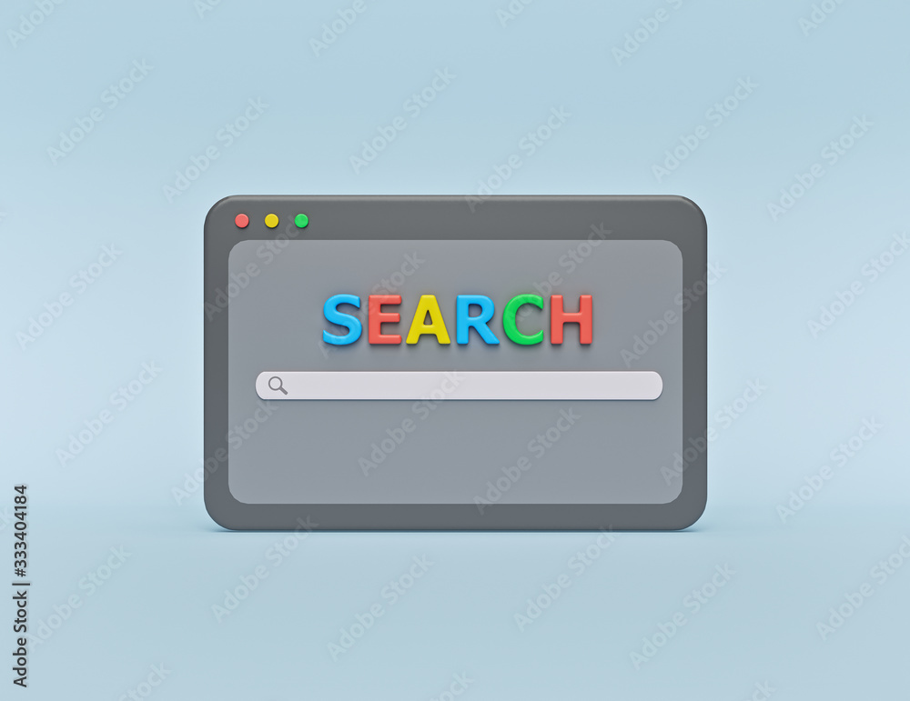 Poster cartoon style minimal browser window and web search engine concept. 3d rendering
