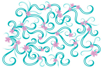 turquoise pattern with swirls with lilac flowers throughout the area