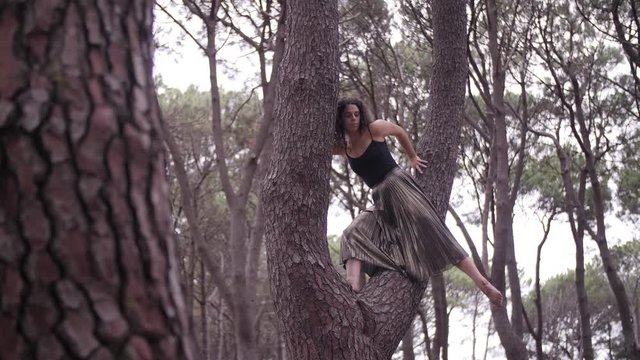 A Barefooted Ballerina Doing A Developpe Position On Top of The Tree In Centennial Park. -medium shot