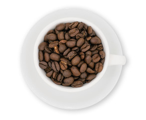 Top view roasted coffee beans is in the cup with white plate isolated on white background with clipping path