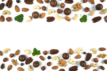 A pattern of nuts on a white background, decorated with green leaves. View to the top, there is a place for inscription.