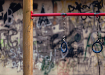 In park, outdoor gymnastic equipment and a wall in the background with some georgeus graffiti on it. 