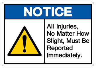 Fototapeta premium Notice All Injuries No Matter How Slight Must Be Reported Immediately Symbol Sign,Vector Illustration, Isolated On White Background Label. EPS10