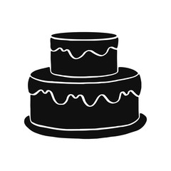 Simple vector pastry logo with a two-tier cake. Vector two-story cake icon or logotype for cake shop, bakery, pastry shop, confectionery, cafe. Flat black illustration isolated on a white background.
