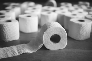Stack of white tissue toilet paper rolls, black and white photo