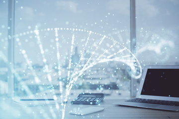 Desktop computer background and DNA drawing. Double exposure. Science concept.