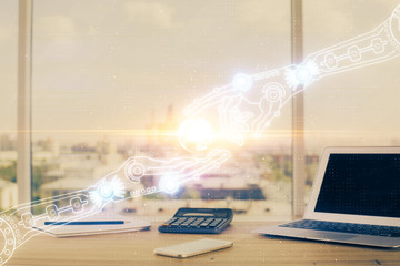 Double exposure of desktop computer and technology theme hologram. Concept of software development.