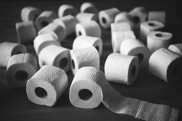 staged stack of white tissue toilet paper rolls, black and white photo