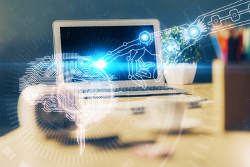 Multi exposure of work space with computer and human brain hologram. Brainstorm concept.