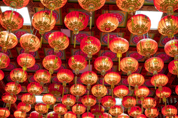 Beautiful red lanterns in Chinese style Inside Wat Leng Nei Yi 2 or Borommarajjanaphisek Memorial Is a Mahayana Buddhist temple located in Nonthaburi Thailand