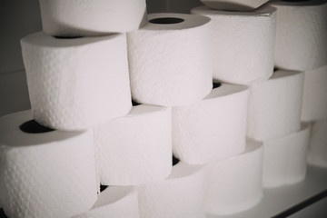 Close-up of a pyramid wall made from toilet paper rolls