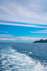 Beautiful scenic view of three white boats sailing in the open sea near the shore of Portofino, Italy.