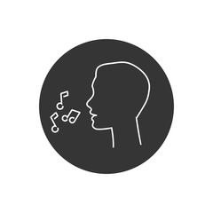 Black silhouette head man and note as singing line icon.