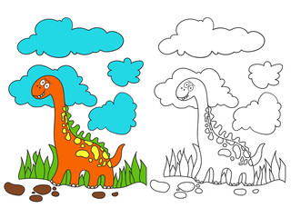 Сute dinosaur on the lawn. Coloring book. Cartoon dino vector illustration
