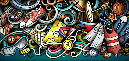 Obraz premium Sports hand drawn doodle banner. Cartoon detailed flyer.