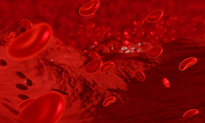 Red blood cells moving in blood vessel for land scape style. 3D rendering. use for background and wallpaper