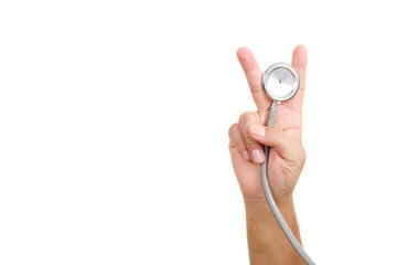 Fototapeta premium Doctor hands put V sign holding a stethoscope on white background. concept Healthy. Victory sign.