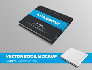 Mockup of vector black book with horizontal blue insert hardcover landscape orientation, back view, isolated on gray background.
