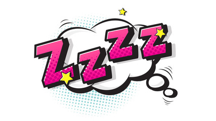Lettering zzz, sleep. Halftone expression text on a Comic cloud bubble. Vector illustration of a bright and dynamic cartoonish img in retro pop art style isolated on white background