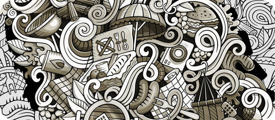 Picnic hand drawn doodle banner. Cartoon detailed flyer.