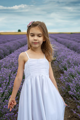 Fototapeta na wymiar Portrait of a little girl in a fully bloomed lavender field