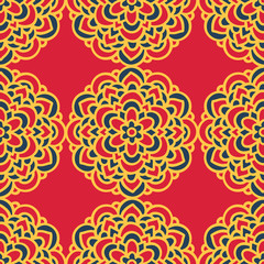 Hand-drawn mandala pattern. Seamless pattern with symmetrical abstract flower. Circular pattern.