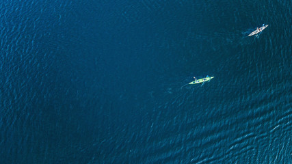 athlete kayaks on the river . Travel or kayaking concept. Drone shot, aerial view, picture with...