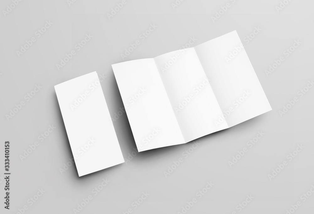 Poster Mockup of open and closed blank trifold with realistic shadows, for presentation of design, front view.