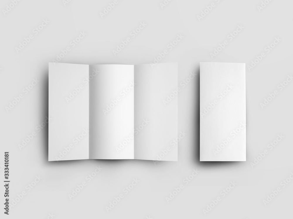 Poster Template of open and closed standard booklet, blank leflet with realistic shadows, isolated on gray background, front view.