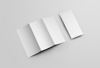 Mockup open and closed blank booklet, leaflet on the diagonal, for presentation of design, back view.